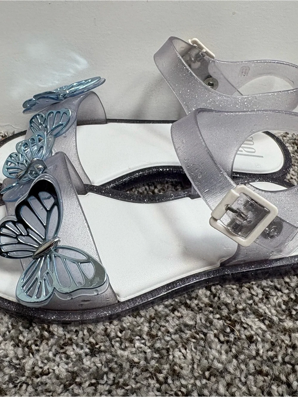 Mel Dreamed By Melissa Girls' Silver Sparkle Sandals with Butterflies Size 13c